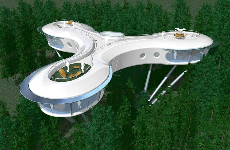 Aerial view of futuristic treetop house — curving white pod structure elevated above forest canopy on stilts