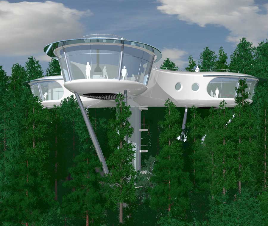 Elevation view of futuristic treetop house — glass and white disc-shaped structure rising above treetops on angled columns