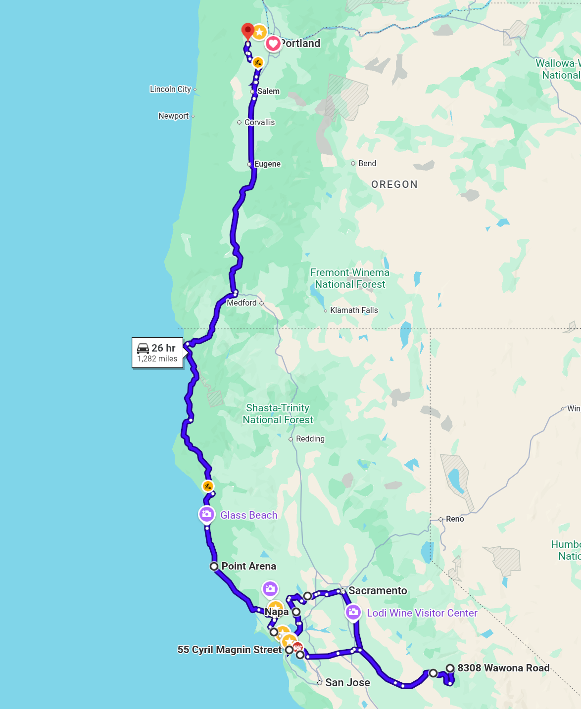 Road trip route map showing a coastal drive from the San Francisco Bay Area through Napa, Yosemite, up the California coast through Glass Beach and Point Arena, then up through Oregon to Portland — approximately 1,282 miles