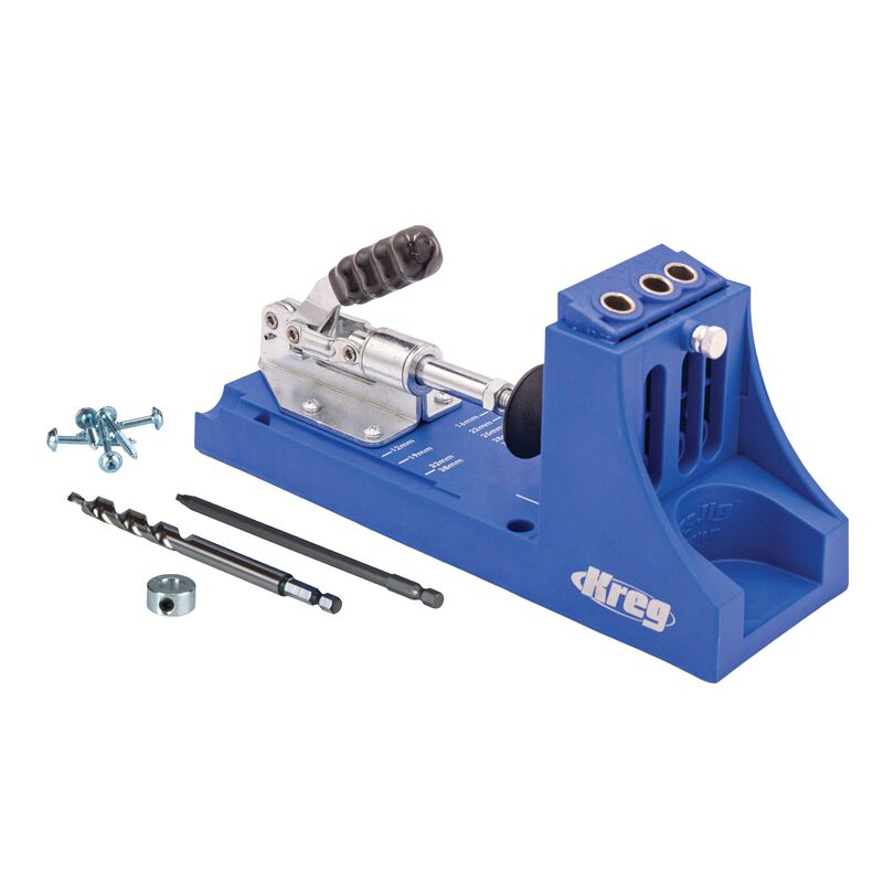 Kreg Jig Pocket Hole System — blue jig with clamp, drill bit, driver bit, depth collar, and pocket hole screws