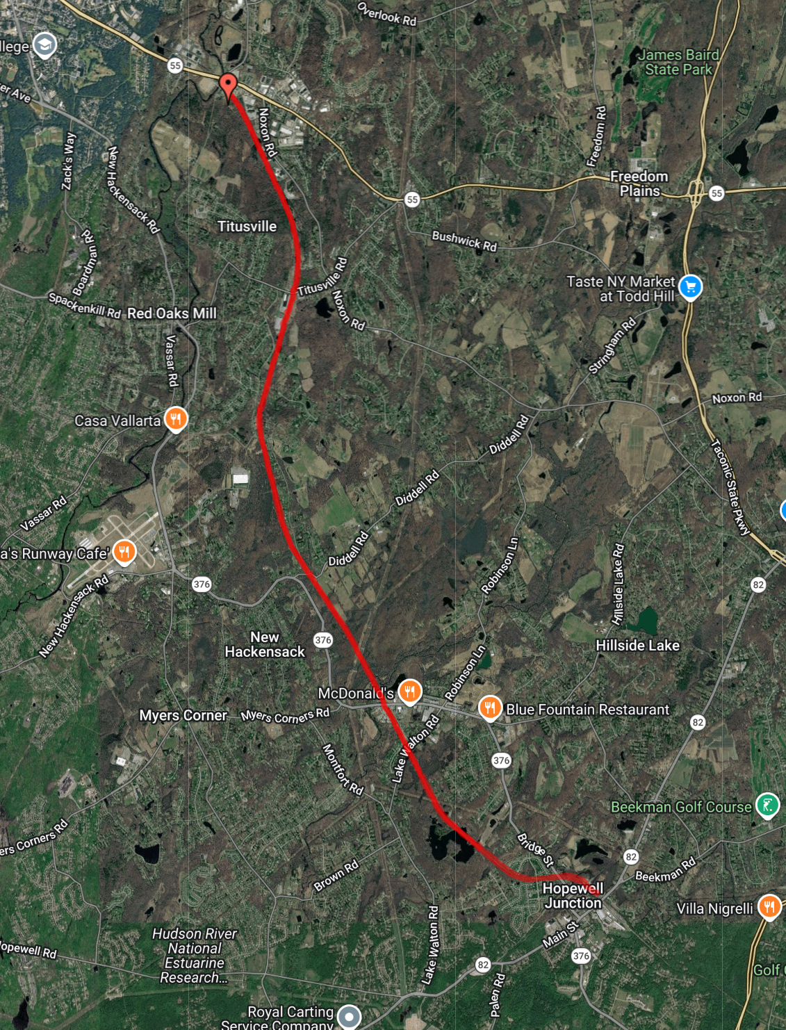 Dutchess County Rail Trail route from Titusville south to Hopewell Junction — red line running along the old rail corridor