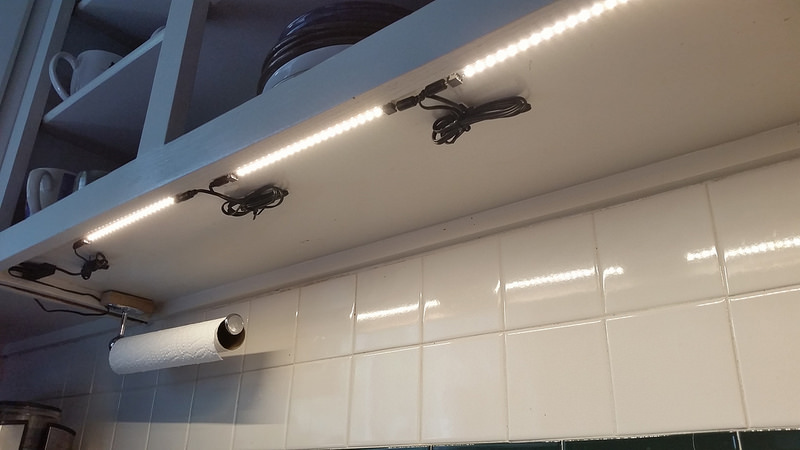 LED task lighting under kitchen cabinet, closer view
