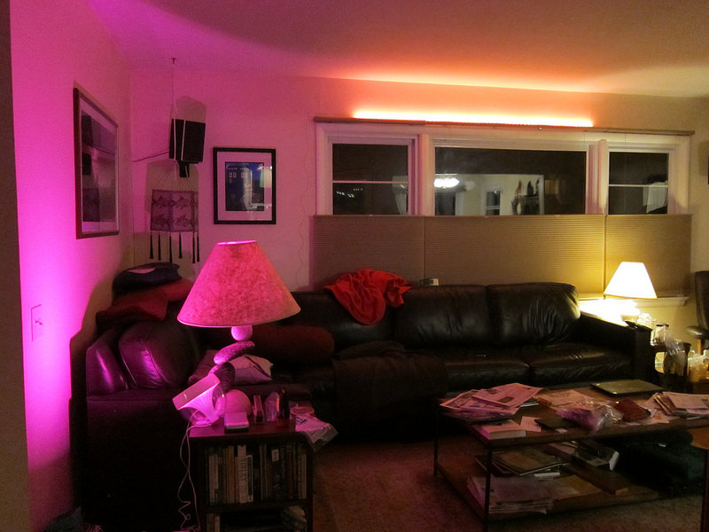 Living room with Hue RGB light strip and Iris color pot