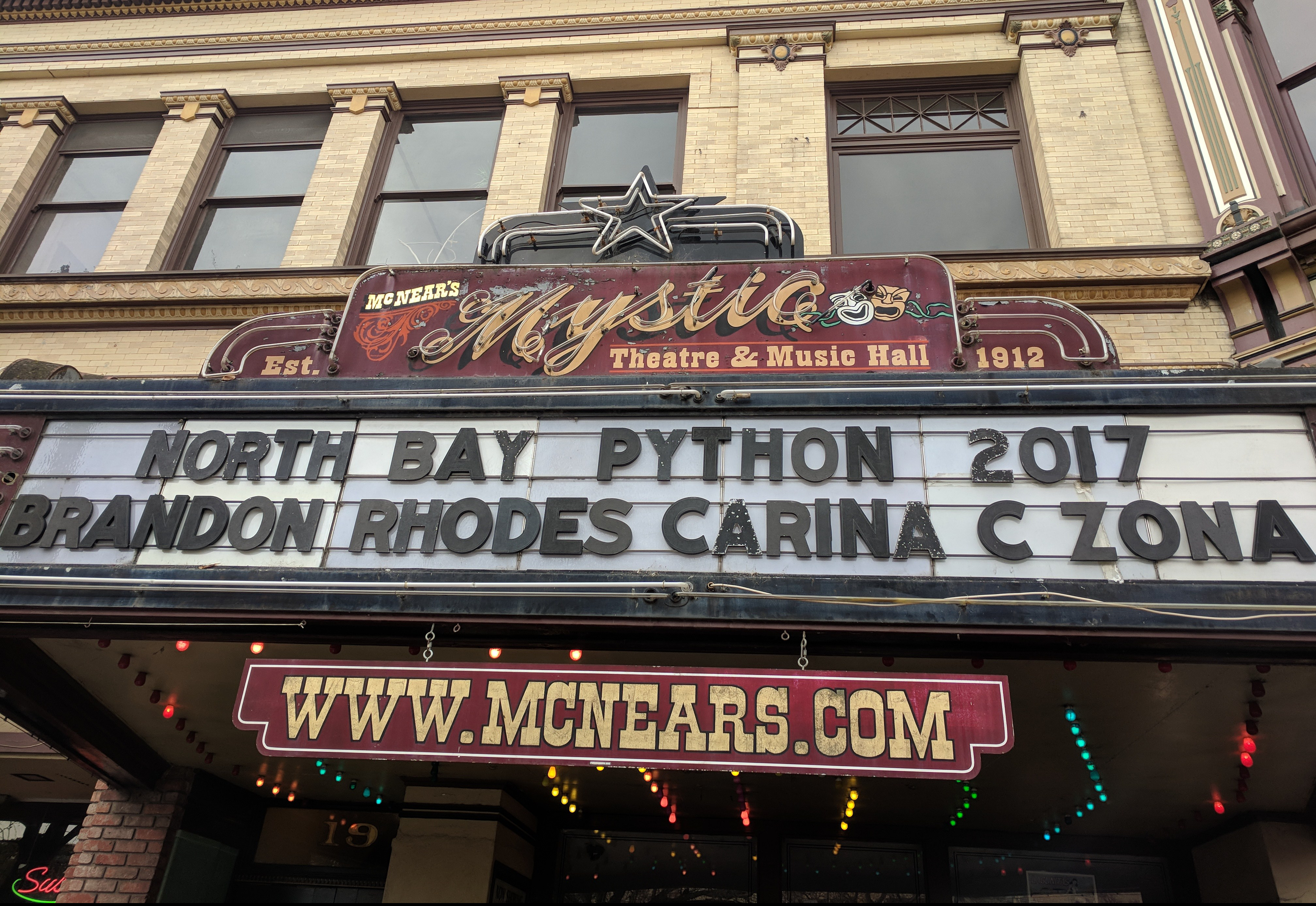 North Bay Python marqee at the Mystic Theatre in Petaluma, CA
