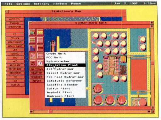 SimRefinery screenshot showing the map and edit windows with unit selection menu, circa 1992
