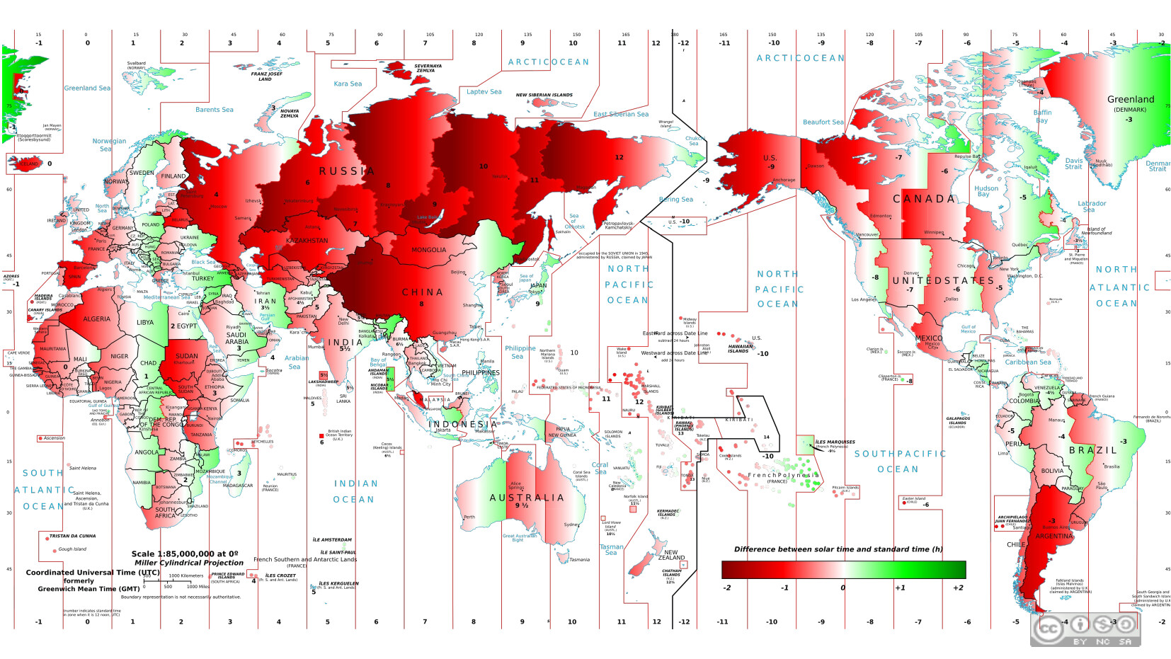 World map showing difference between solar time and standard time by country. Most countries are colored in shades of red (UTC ahead of solar time) or green (UTC behind solar time), with Russia and China showing large positive offsets. A color scale at bottom shows the range from -2 to +2 hours difference. Source: Wikipedia, Coordinated Universal Time / Greenwich Mean Time.