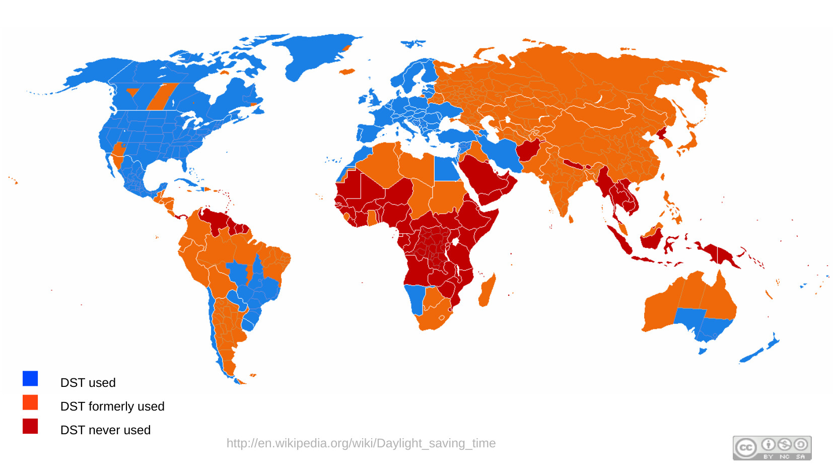 World map showing DST usage by country. Blue = DST currently used (North America, Europe, parts of South America and Australia). Orange = DST formerly used (most of Asia, Africa, South America, Russia). Red = DST never used (equatorial Africa, parts of Middle East and Southeast Asia). Source: Wikipedia/Daylight_saving_time