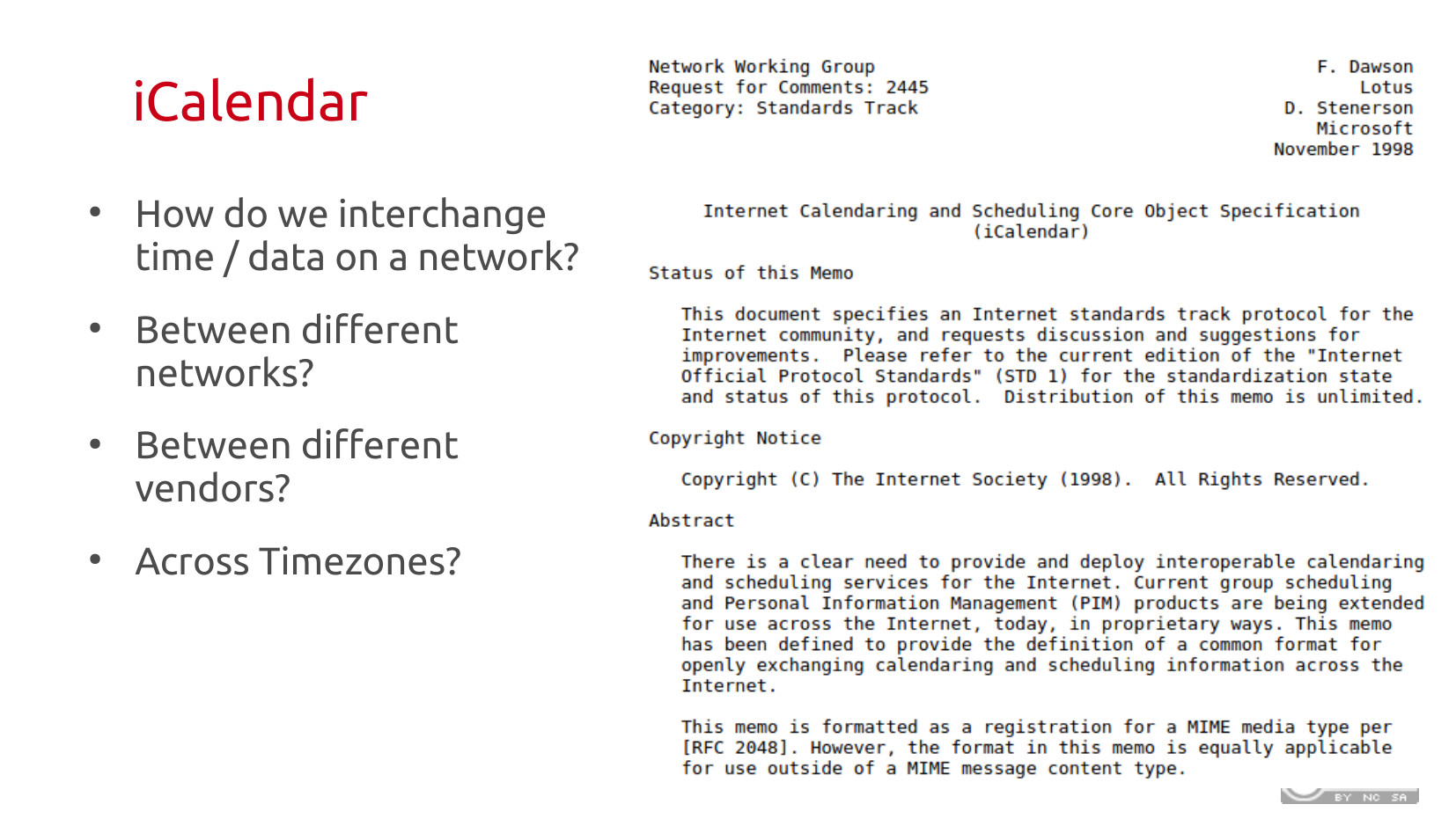 iCalendar: How do we interchange time/data on a network? Between different networks? Between different vendors? Across timezones? Right side shows the header of RFC 2445 (Internet Calendaring and Scheduling Core Object Specification), authored by F. Dawson (Lotus) and D. Stenerson (Microsoft), published November 1998.